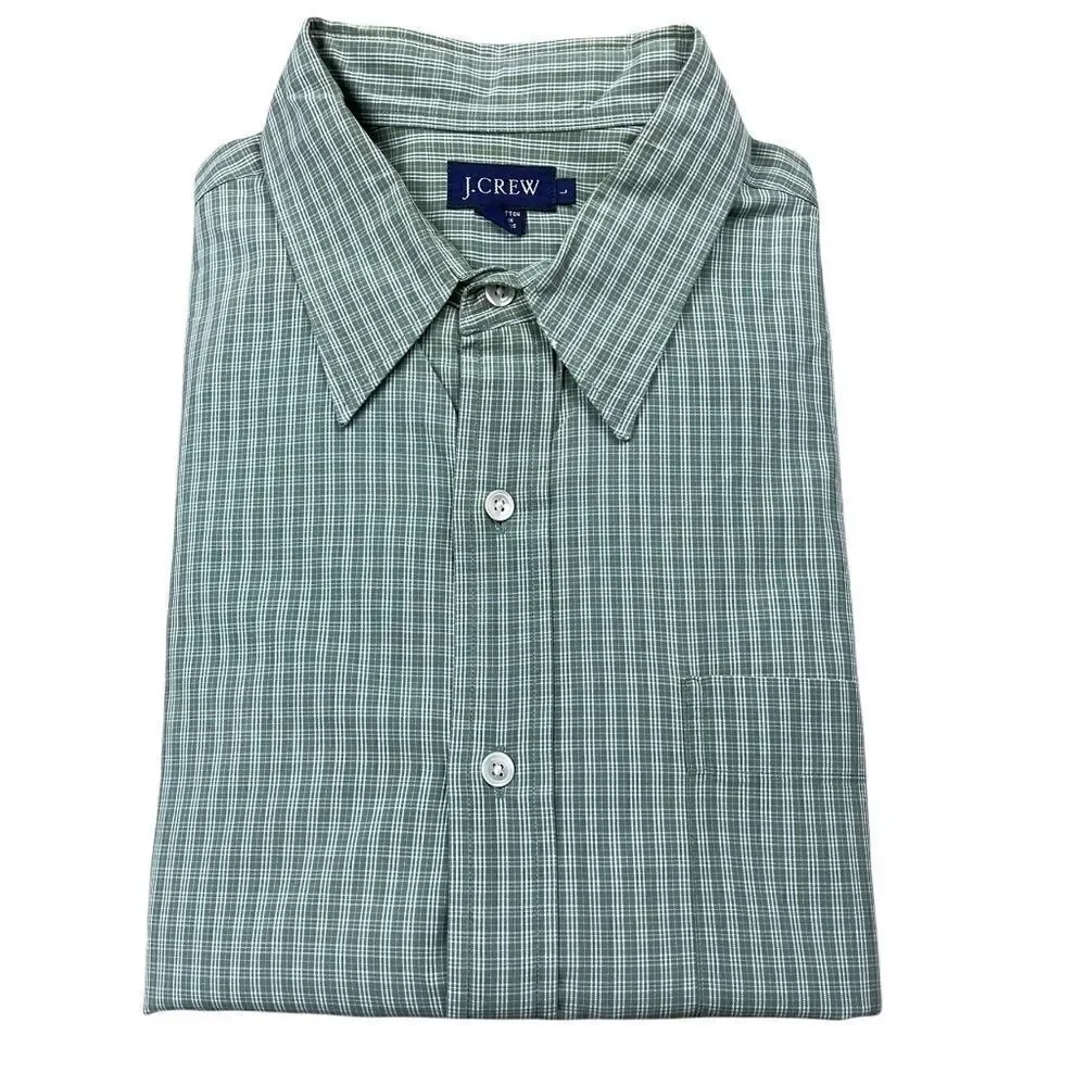 J. Crew‎ Shirt Mens Green White Large  L Plaid Cotton Long Sleeve Button Down